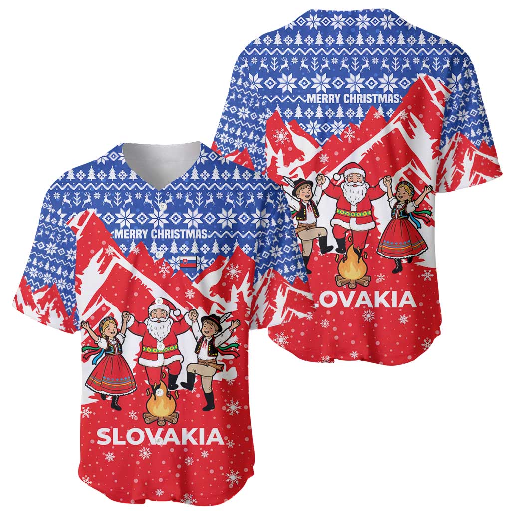 Slovakia Christmas Baseball Jersey with Santa and Dancers by Campfire Snowy Mountains and Red Blue Snowflake Pattern Design - Wonder Print Shop