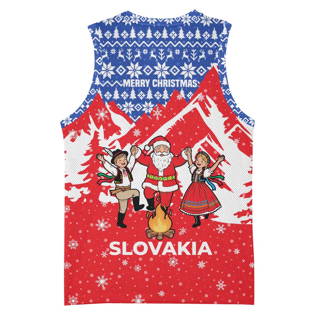 Slovakia Christmas Basketball Jersey with Santa and Dancers by Campfire Snowy Mountains and Red Blue Snowflake Pattern Design - Wonder Print Shop