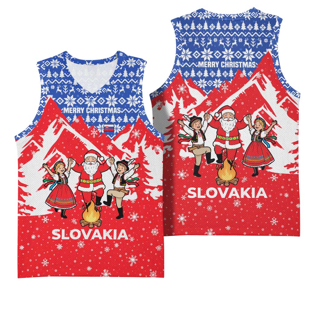 Slovakia Christmas Basketball Jersey with Santa and Dancers by Campfire Snowy Mountains and Red Blue Snowflake Pattern Design - Wonder Print Shop