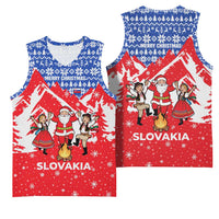 Slovakia Christmas Basketball Jersey with Santa and Dancers by Campfire Snowy Mountains and Red Blue Snowflake Pattern Design - Wonder Print Shop