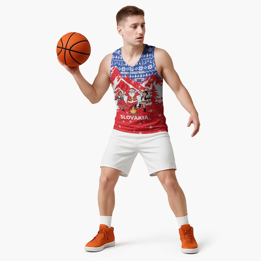 Slovakia Christmas Basketball Jersey with Santa and Dancers by Campfire Snowy Mountains and Red Blue Snowflake Pattern Design - Wonder Print Shop