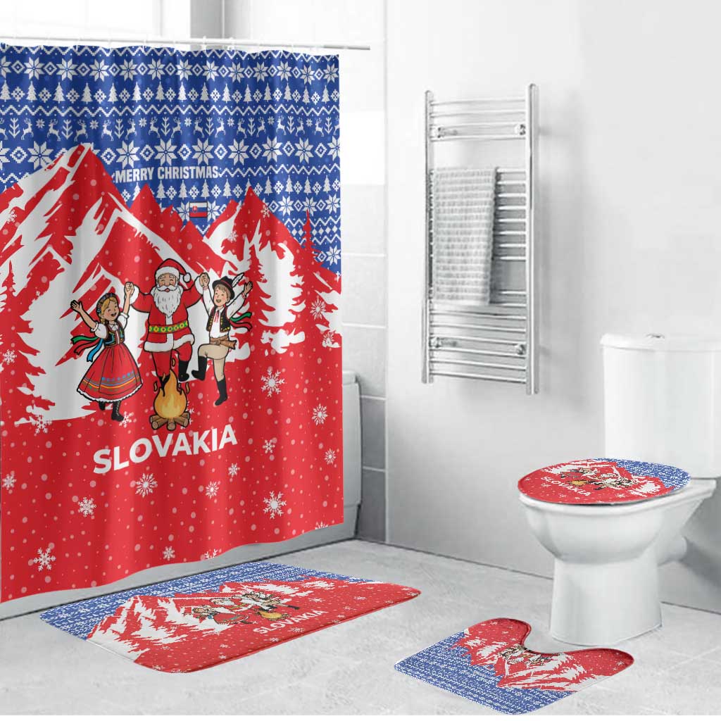 Slovakia Christmas Bathroom Set with Santa and Dancers by Campfire Snowy Mountains and Red Blue Snowflake Pattern Design - Wonder Print Shop