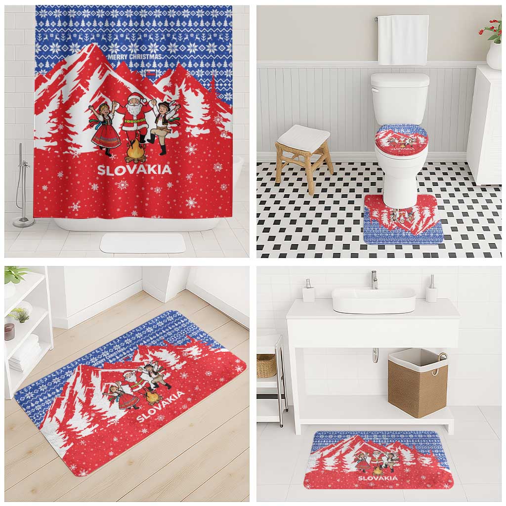 Slovakia Christmas Bathroom Set with Santa and Dancers by Campfire Snowy Mountains and Red Blue Snowflake Pattern Design - Wonder Print Shop
