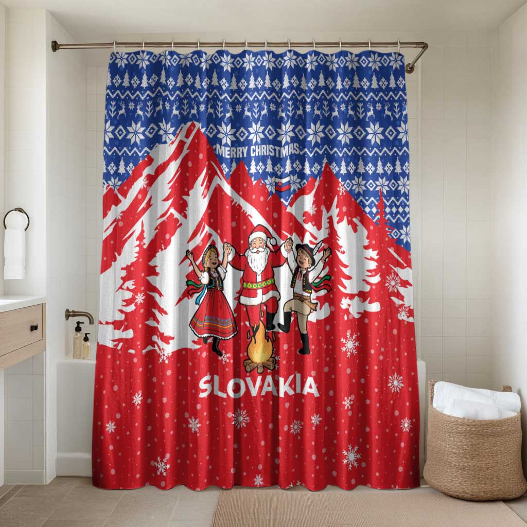 Slovakia Christmas Bathroom Set with Santa and Dancers by Campfire Snowy Mountains and Red Blue Snowflake Pattern Design - Wonder Print Shop