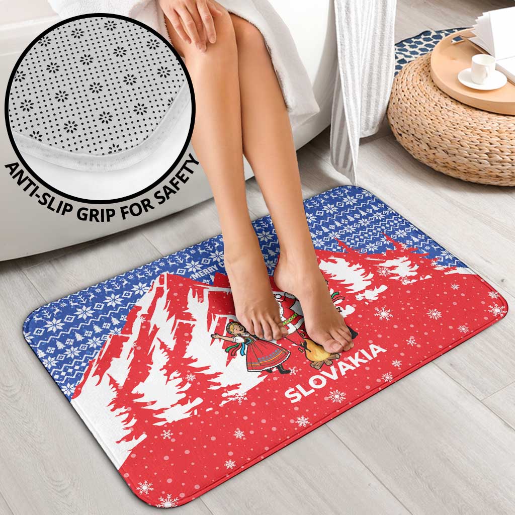 Slovakia Christmas Bathroom Set with Santa and Dancers by Campfire Snowy Mountains and Red Blue Snowflake Pattern Design - Wonder Print Shop