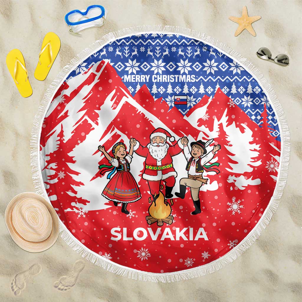 Slovakia Christmas Beach Blanket with Santa and Dancers by Campfire Snowy Mountains and Red Blue Snowflake Pattern Design - Wonder Print Shop
