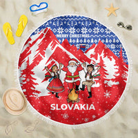 Slovakia Christmas Beach Blanket with Santa and Dancers by Campfire Snowy Mountains and Red Blue Snowflake Pattern Design - Wonder Print Shop
