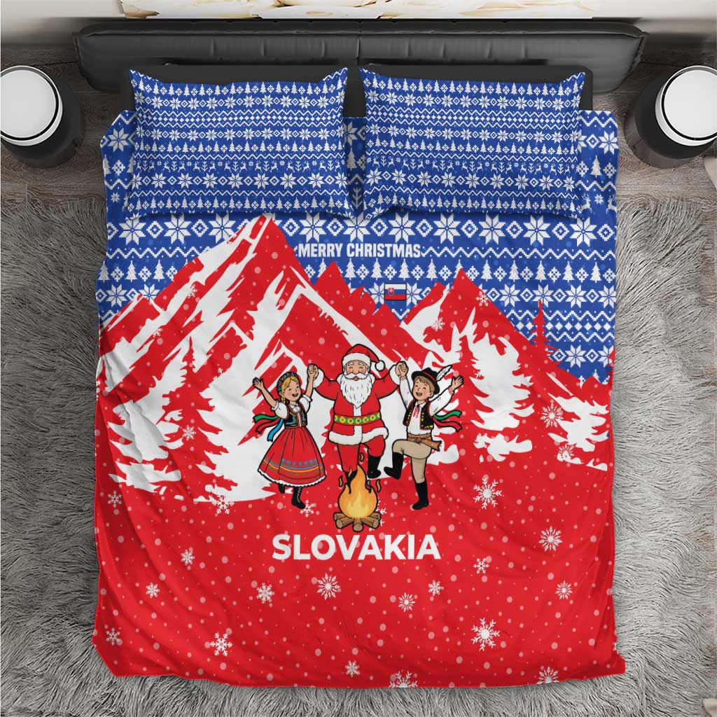 Slovakia Christmas Bedding Set with Santa and Dancers by Campfire Snowy Mountains and Red Blue Snowflake Pattern Design - Wonder Print Shop