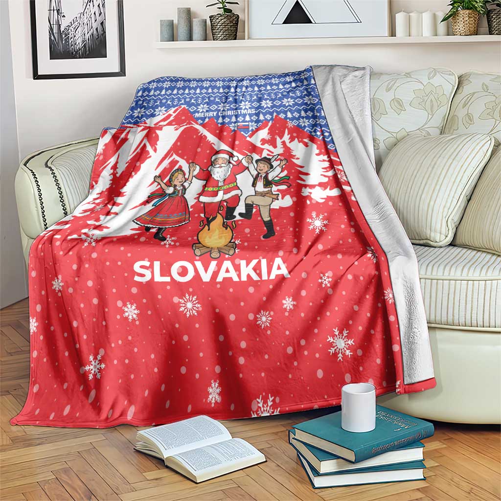 Slovakia Christmas Blanket with Santa and Dancers by Campfire Snowy Mountains and Red Blue Snowflake Pattern Design - Wonder Print Shop