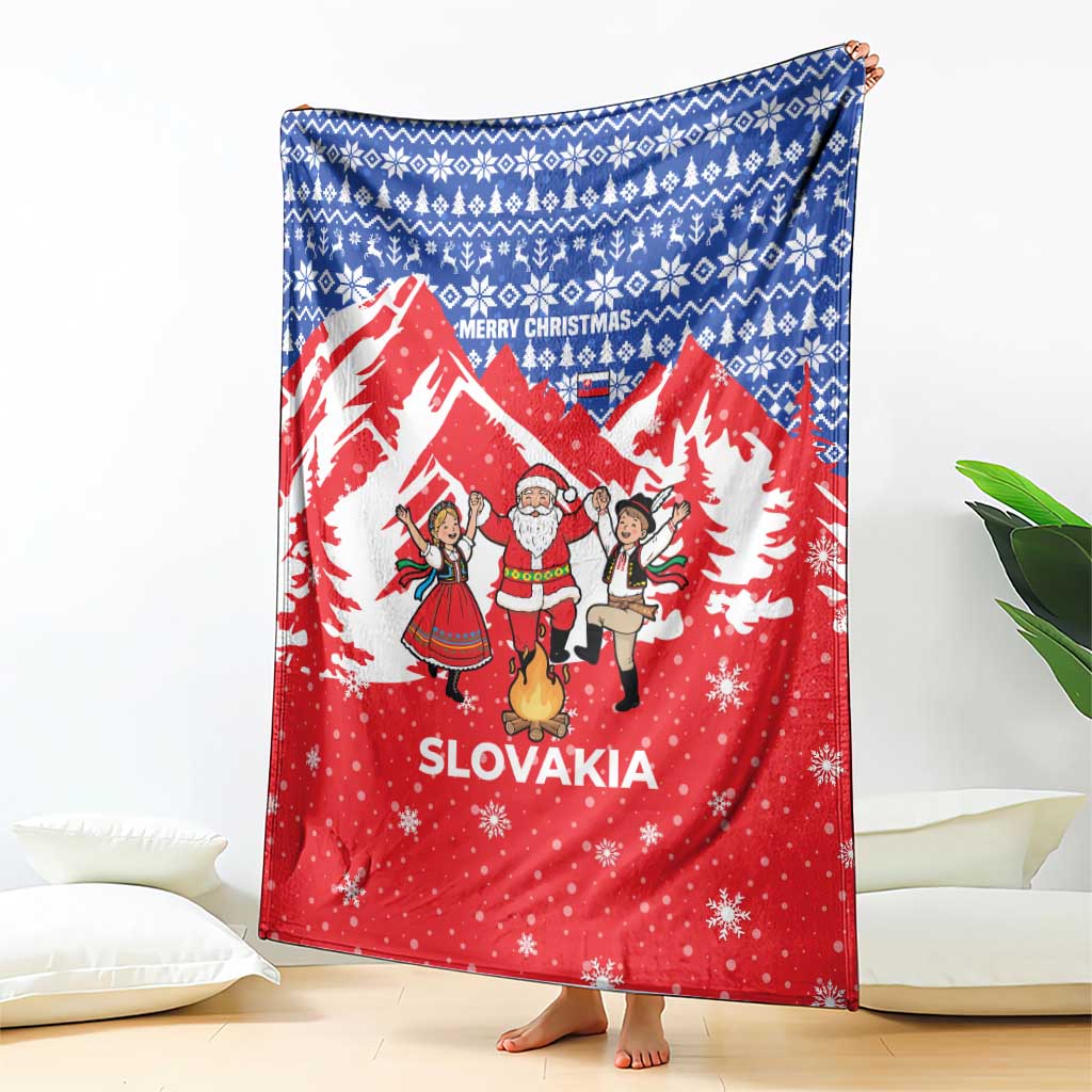 Slovakia Christmas Blanket with Santa and Dancers by Campfire Snowy Mountains and Red Blue Snowflake Pattern Design - Wonder Print Shop