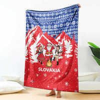 Slovakia Christmas Blanket with Santa and Dancers by Campfire Snowy Mountains and Red Blue Snowflake Pattern Design - Wonder Print Shop