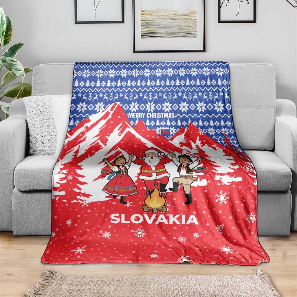 Slovakia Christmas Blanket with Santa and Dancers by Campfire Snowy Mountains and Red Blue Snowflake Pattern Design - Wonder Print Shop