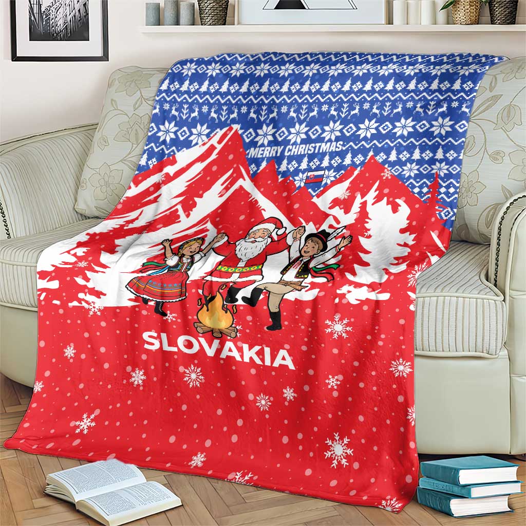 Slovakia Christmas Blanket with Santa and Dancers by Campfire Snowy Mountains and Red Blue Snowflake Pattern Design - Wonder Print Shop