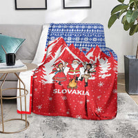 Slovakia Christmas Blanket with Santa and Dancers by Campfire Snowy Mountains and Red Blue Snowflake Pattern Design - Wonder Print Shop