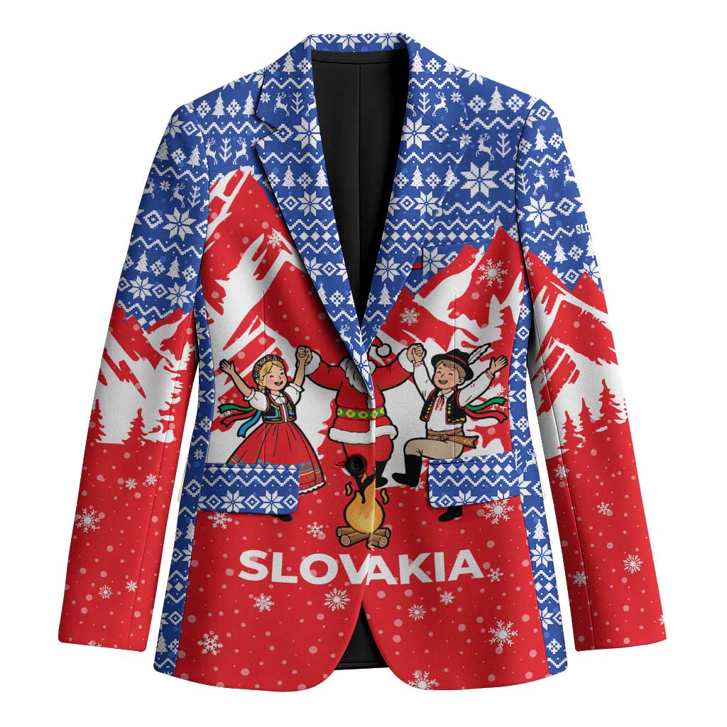 Slovakia Christmas Blazer with Santa and Dancers by Campfire Snowy Mountains and Red Blue Snowflake Pattern Design - Wonder Print Shop