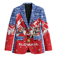 Slovakia Christmas Blazer with Santa and Dancers by Campfire Snowy Mountains and Red Blue Snowflake Pattern Design - Wonder Print Shop