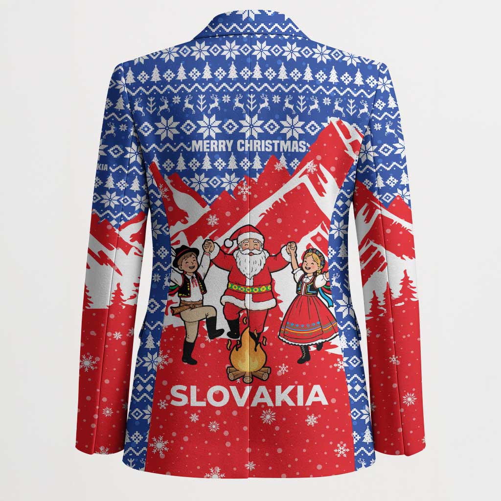Slovakia Christmas Blazer with Santa and Dancers by Campfire Snowy Mountains and Red Blue Snowflake Pattern Design - Wonder Print Shop