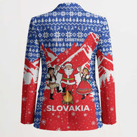 Slovakia Christmas Blazer with Santa and Dancers by Campfire Snowy Mountains and Red Blue Snowflake Pattern Design - Wonder Print Shop