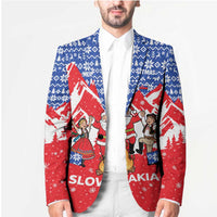 Slovakia Christmas Blazer with Santa and Dancers by Campfire Snowy Mountains and Red Blue Snowflake Pattern Design - Wonder Print Shop