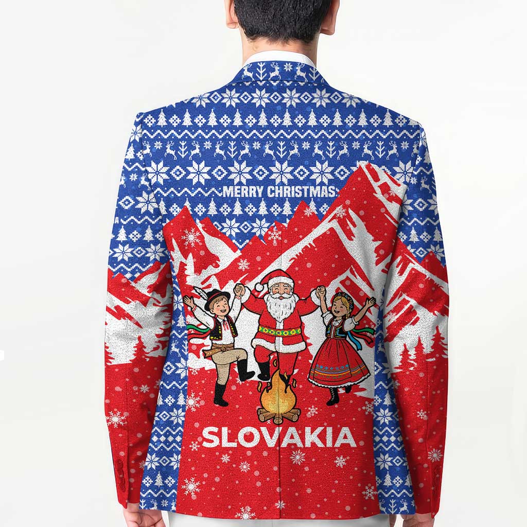 Slovakia Christmas Blazer with Santa and Dancers by Campfire Snowy Mountains and Red Blue Snowflake Pattern Design - Wonder Print Shop