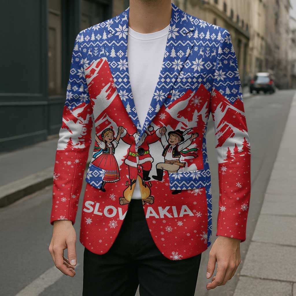 Slovakia Christmas Blazer with Santa and Dancers by Campfire Snowy Mountains and Red Blue Snowflake Pattern Design - Wonder Print Shop