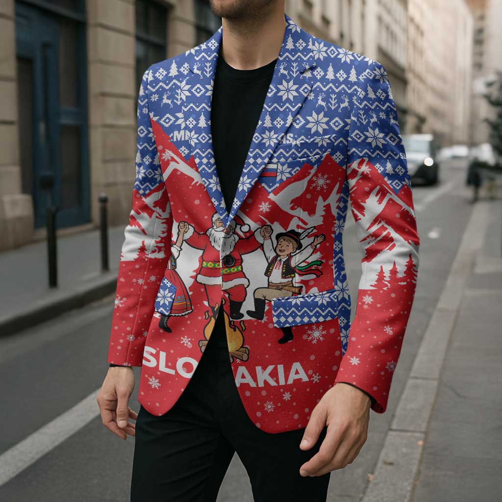 Slovakia Christmas Blazer with Santa and Dancers by Campfire Snowy Mountains and Red Blue Snowflake Pattern Design - Wonder Print Shop