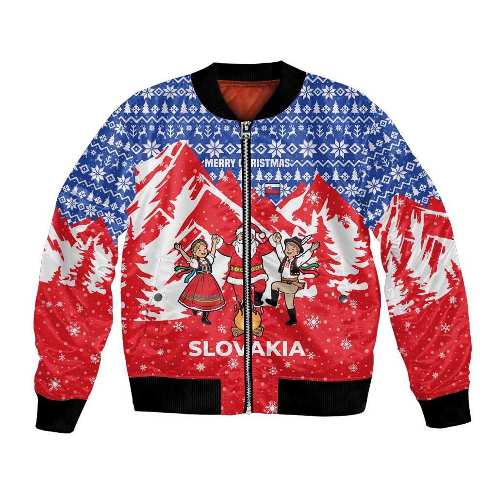Slovakia Christmas Bomber Jacket with Santa and Dancers by Campfire Snowy Mountains and Red Blue Snowflake Pattern Design - Wonder Print Shop