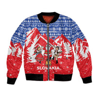 Slovakia Christmas Bomber Jacket with Santa and Dancers by Campfire Snowy Mountains and Red Blue Snowflake Pattern Design - Wonder Print Shop
