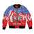 Slovakia Christmas Bomber Jacket with Santa and Dancers by Campfire Snowy Mountains and Red Blue Snowflake Pattern Design - Wonder Print Shop