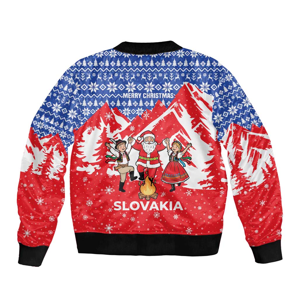Slovakia Christmas Bomber Jacket with Santa and Dancers by Campfire Snowy Mountains and Red Blue Snowflake Pattern Design - Wonder Print Shop