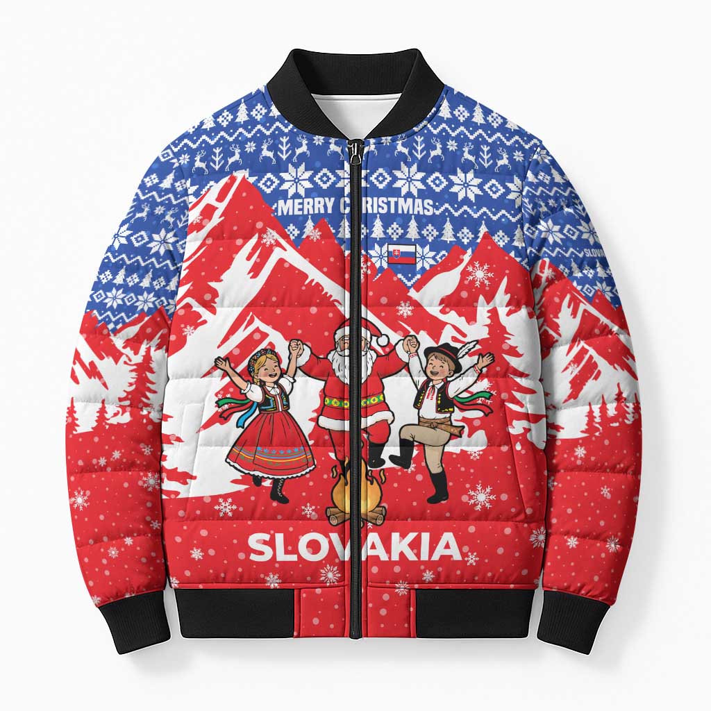 Slovakia Christmas Bomber Puffer Jacket with Santa and Dancers by Campfire Snowy Mountains and Red Blue Snowflake Pattern Design - Wonder Print Shop
