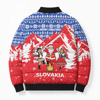 Slovakia Christmas Bomber Puffer Jacket with Santa and Dancers by Campfire Snowy Mountains and Red Blue Snowflake Pattern Design - Wonder Print Shop