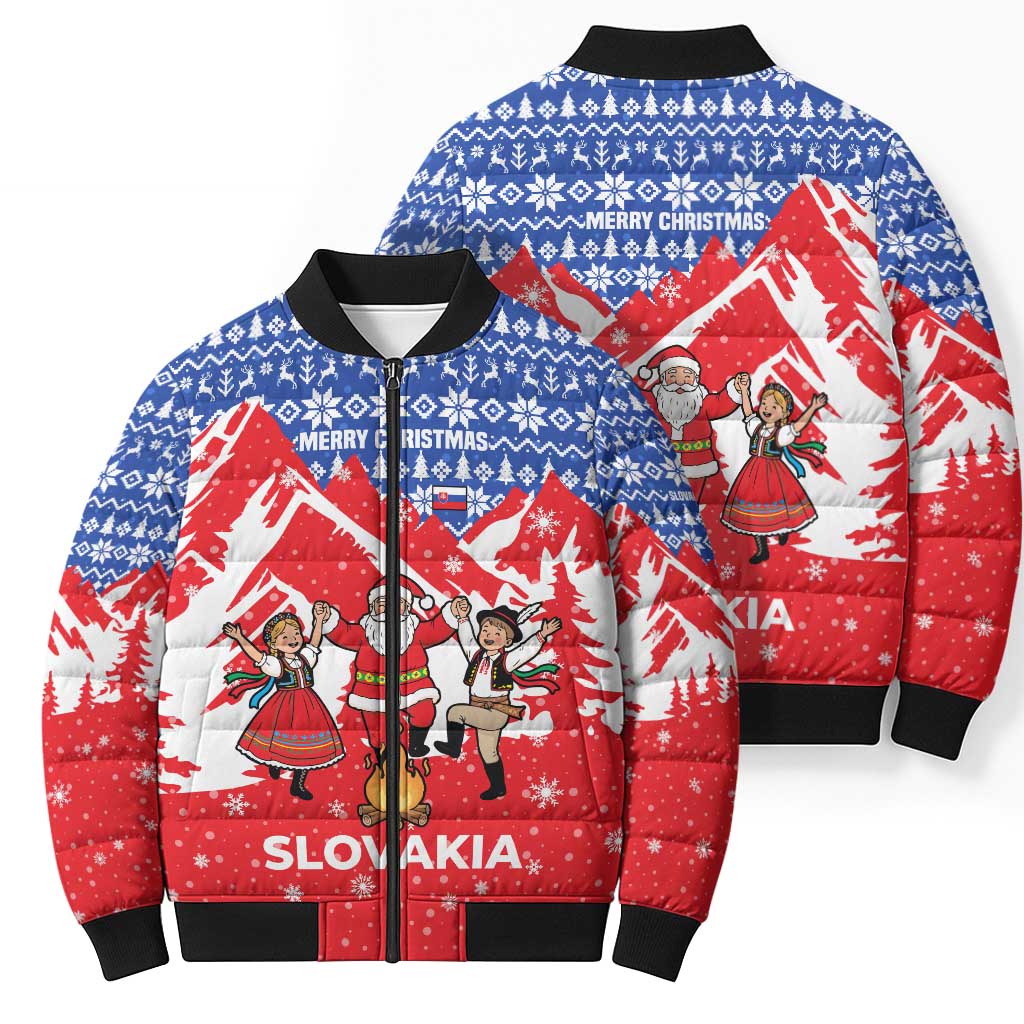Slovakia Christmas Bomber Puffer Jacket with Santa and Dancers by Campfire Snowy Mountains and Red Blue Snowflake Pattern Design - Wonder Print Shop