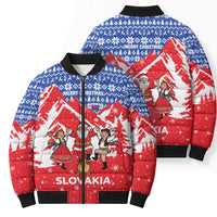 Slovakia Christmas Bomber Puffer Jacket with Santa and Dancers by Campfire Snowy Mountains and Red Blue Snowflake Pattern Design - Wonder Print Shop