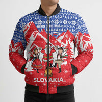 Slovakia Christmas Bomber Puffer Jacket with Santa and Dancers by Campfire Snowy Mountains and Red Blue Snowflake Pattern Design - Wonder Print Shop