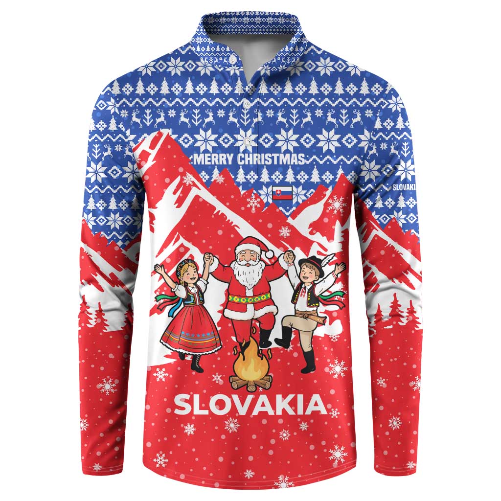 Slovakia Christmas Button Sweatshirt with Santa and Dancers by Campfire Snowy Mountains and Red Blue Snowflake Pattern Design - Wonder Print Shop