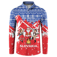 Slovakia Christmas Button Sweatshirt with Santa and Dancers by Campfire Snowy Mountains and Red Blue Snowflake Pattern Design - Wonder Print Shop