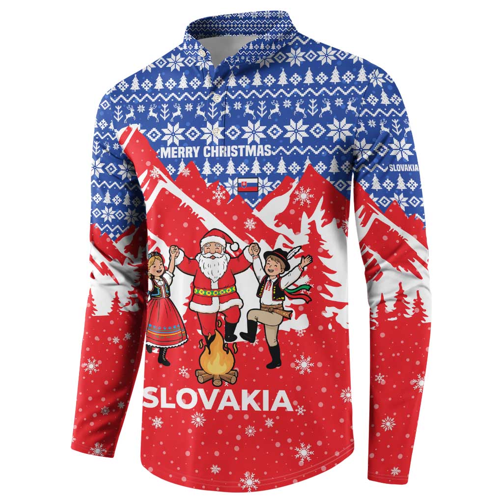 Slovakia Christmas Button Sweatshirt with Santa and Dancers by Campfire Snowy Mountains and Red Blue Snowflake Pattern Design - Wonder Print Shop