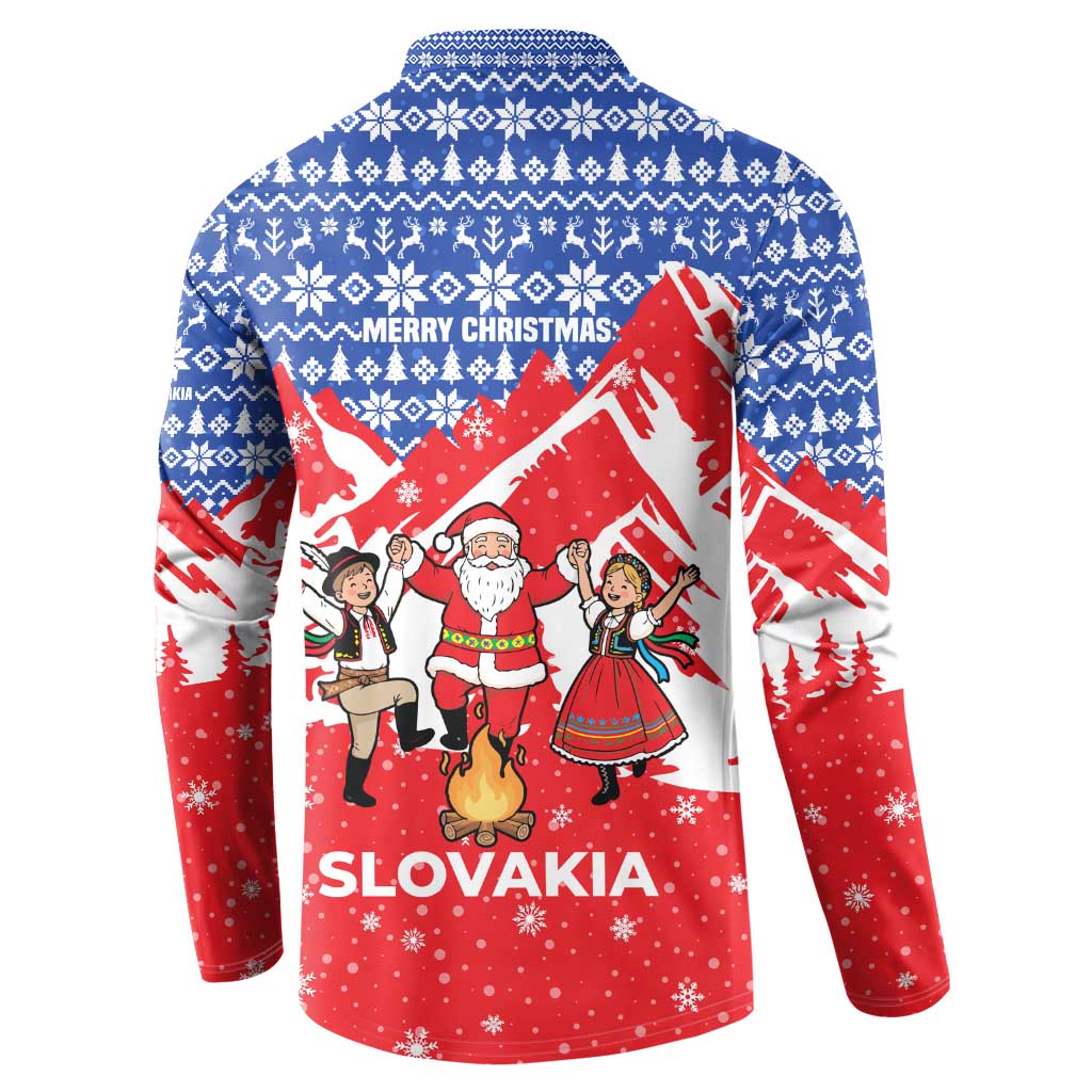 Slovakia Christmas Button Sweatshirt with Santa and Dancers by Campfire Snowy Mountains and Red Blue Snowflake Pattern Design - Wonder Print Shop