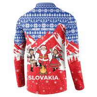 Slovakia Christmas Button Sweatshirt with Santa and Dancers by Campfire Snowy Mountains and Red Blue Snowflake Pattern Design - Wonder Print Shop