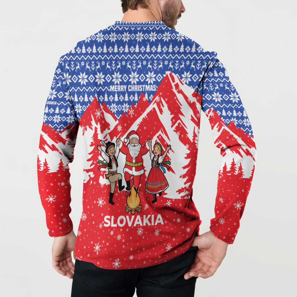 Slovakia Christmas Button Sweatshirt with Santa and Dancers by Campfire Snowy Mountains and Red Blue Snowflake Pattern Design - Wonder Print Shop