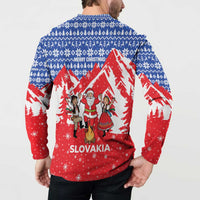 Slovakia Christmas Button Sweatshirt with Santa and Dancers by Campfire Snowy Mountains and Red Blue Snowflake Pattern Design - Wonder Print Shop