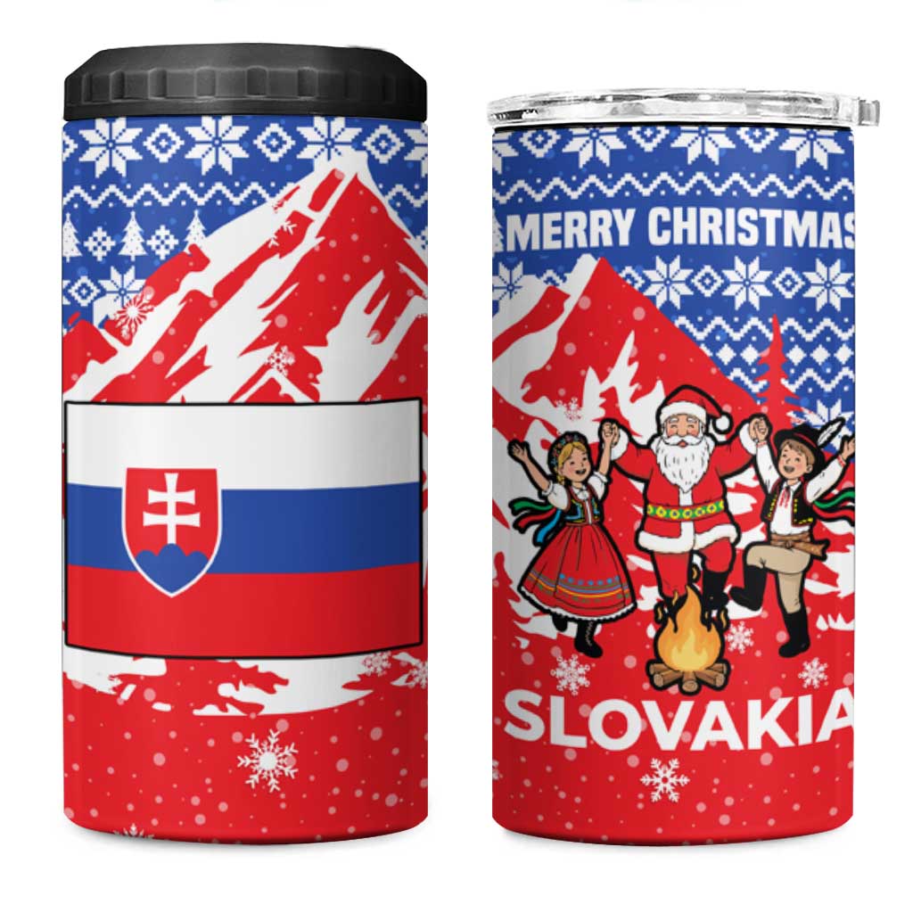 Slovakia Christmas 4 in 1 Can Cooler Tumbler with Santa and Dancers by Campfire Snowy Mountains and Red Blue Snowflake Pattern Design - Wonder Print Shop