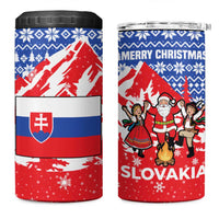 Slovakia Christmas 4 in 1 Can Cooler Tumbler with Santa and Dancers by Campfire Snowy Mountains and Red Blue Snowflake Pattern Design - Wonder Print Shop