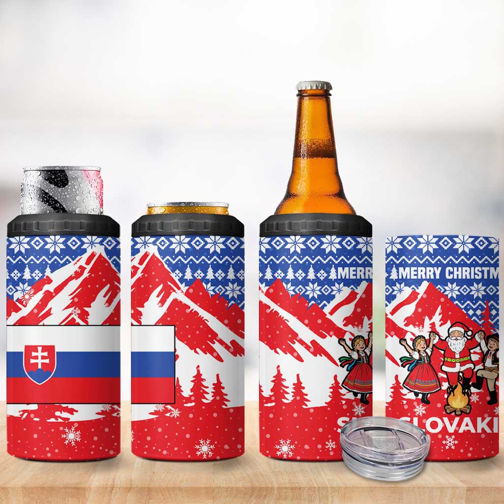 Slovakia Christmas 4 in 1 Can Cooler Tumbler with Santa and Dancers by Campfire Snowy Mountains and Red Blue Snowflake Pattern Design - Wonder Print Shop