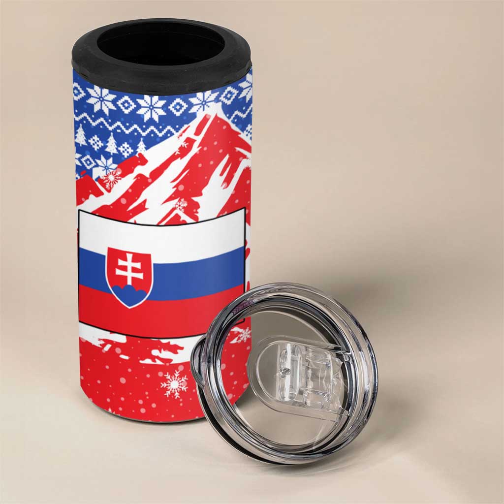 Slovakia Christmas 4 in 1 Can Cooler Tumbler with Santa and Dancers by Campfire Snowy Mountains and Red Blue Snowflake Pattern Design - Wonder Print Shop