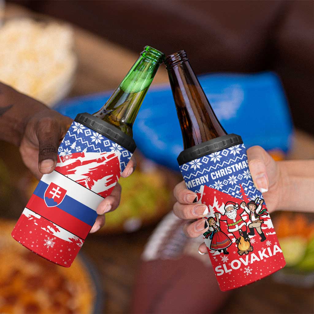 Slovakia Christmas 4 in 1 Can Cooler Tumbler with Santa and Dancers by Campfire Snowy Mountains and Red Blue Snowflake Pattern Design - Wonder Print Shop