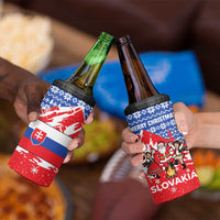 Slovakia Christmas 4 in 1 Can Cooler Tumbler with Santa and Dancers by Campfire Snowy Mountains and Red Blue Snowflake Pattern Design - Wonder Print Shop