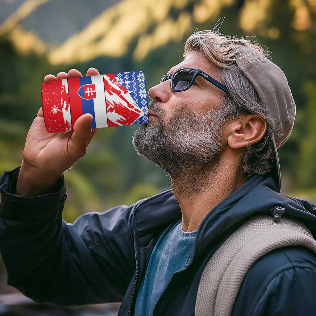 Slovakia Christmas 4 in 1 Can Cooler Tumbler with Santa and Dancers by Campfire Snowy Mountains and Red Blue Snowflake Pattern Design - Wonder Print Shop