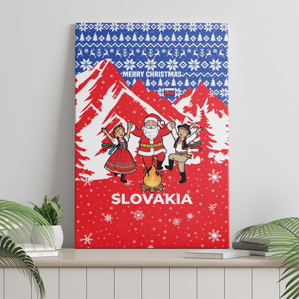 Slovakia Christmas Canvas Wall Art with Santa and Dancers by Campfire Snowy Mountains and Red Blue Snowflake Pattern Design - Wonder Print Shop